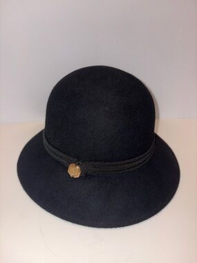 Vince Camuto Black Felt Cloche Hat with Braided Trim and Gold Accent